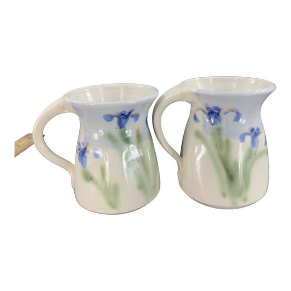 Studio Art Pottery Coffee Mug Cup Set 2 Hand Made Mugs Blue Green Flower Signed - Picture 13 of 14